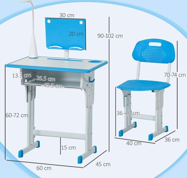 HOMCOM Banco Scuola con Sedia per Bambini 6-12 Anni Altezza Regolabile, Lampada LED, Leggio e Portapenne, Acciaio e MDF, Blu|Aosom