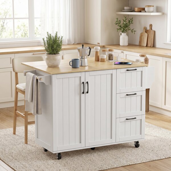 HOMCOM Isola da Cucina con Piano Estensibile, Stazione di Ricarica, Ruote, 2 Ante, 3 Cassetti, Portaspezie e Porta Asciugamani, Bianco | Aosom Italy