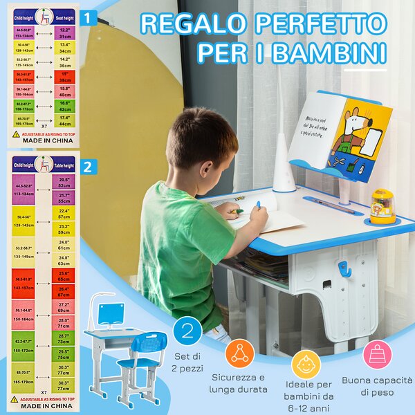 HOMCOM Banco Scuola con Sedia per Bambini 6-12 Anni Altezza Regolabile, Lampada LED, Leggio e Portapenne, Acciaio e MDF, Blu|Aosom