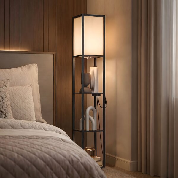 HOMCOM Lampada da Terra LED con Ripiani, Dimmerabile, Interruttore a Catena e Prese, Nero | Aosom Italy
