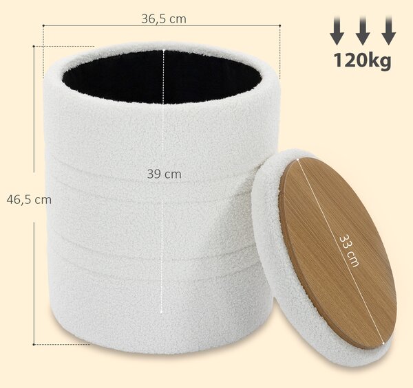 HOMCOM Pouf Contenitore Rotondo 33L in Tessuto Sherpa con Coperchio, Capacità 120kg, per Soggiorno e Ingresso, Bianco | Aosom Italy