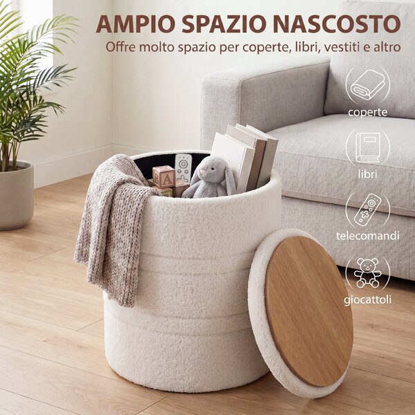 HOMCOM Pouf Contenitore Rotondo 33L in Tessuto Sherpa con Coperchio, Capacità 120kg, per Soggiorno e Ingresso, Bianco | Aosom Italy