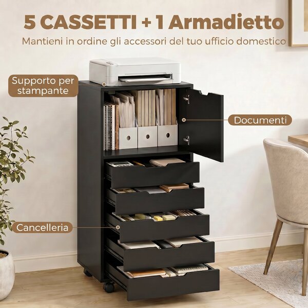 HOMCOM Mobile Archivio Stampante con 5 Cassetti e Ruote, Nero | Aosom Italy