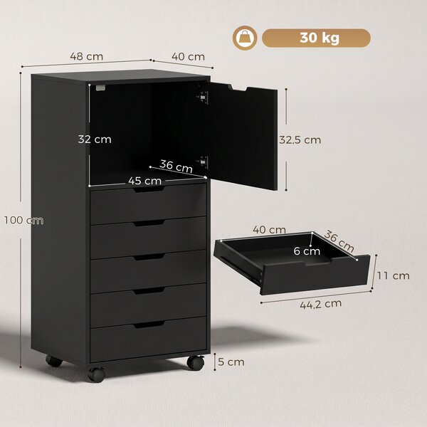 HOMCOM Mobile Archivio Stampante con 5 Cassetti e Ruote, Nero | Aosom Italy