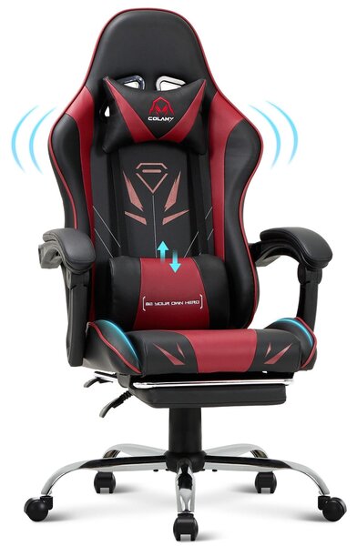 COLAMY Sedia da gioco - Sedia ergonomica per computer con poggiapiedi, supporto lombare, poggiatesta, funzione girevole a 360° e schienale alto, rosso