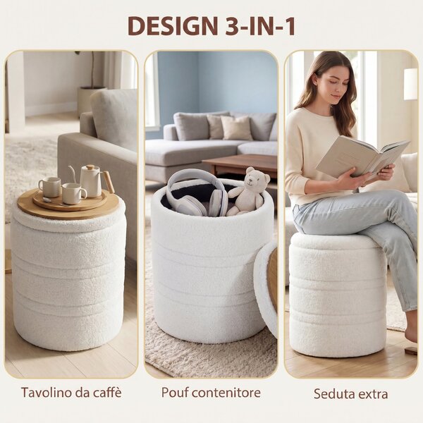 HOMCOM Pouf Contenitore Rotondo 33L in Tessuto Sherpa con Coperchio, Capacità 120kg, per Soggiorno e Ingresso, Bianco | Aosom Italy