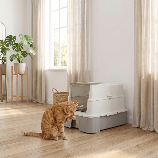 PawHut Lettiera per Gatti con Coperchio Rimovibile, Cassetto Scorrevole, Paletta, 2 Sacchetti Filtranti e Pedale, 60x40x45 cm, Grigio | Aosom Italy