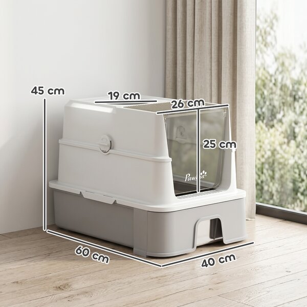 PawHut Lettiera per Gatti con Coperchio Rimovibile, Cassetto Scorrevole, Paletta, 2 Sacchetti Filtranti e Pedale, 60x40x45 cm, Grigio | Aosom Italy