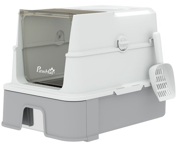 PawHut Lettiera per Gatti con Coperchio Rimovibile, Cassetto Scorrevole, Paletta, 2 Sacchetti Filtranti e Pedale, 60x40x45 cm, Grigio | Aosom Italy
