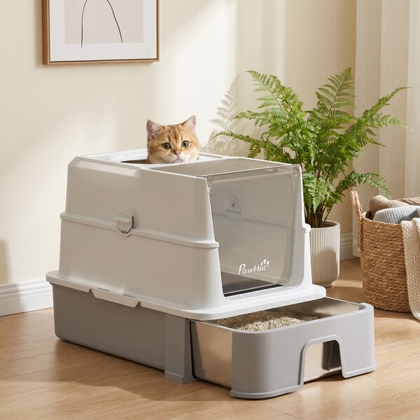 PawHut Lettiera per Gatti con Coperchio Rimovibile, Cassetto Scorrevole, Paletta, 2 Sacchetti Filtranti e Pedale, 60x40x45 cm, Grigio | Aosom Italy