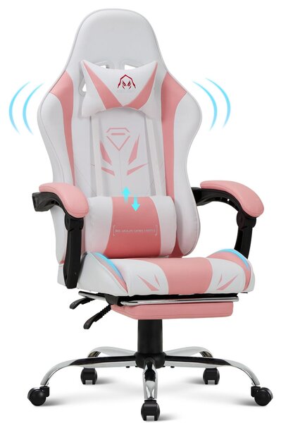 COLAMY Sedia da gioco - Sedia ergonomica per computer con poggiapiedi, supporto lombare, poggiatesta, funzione girevole a 360° e schienale alto, rosa