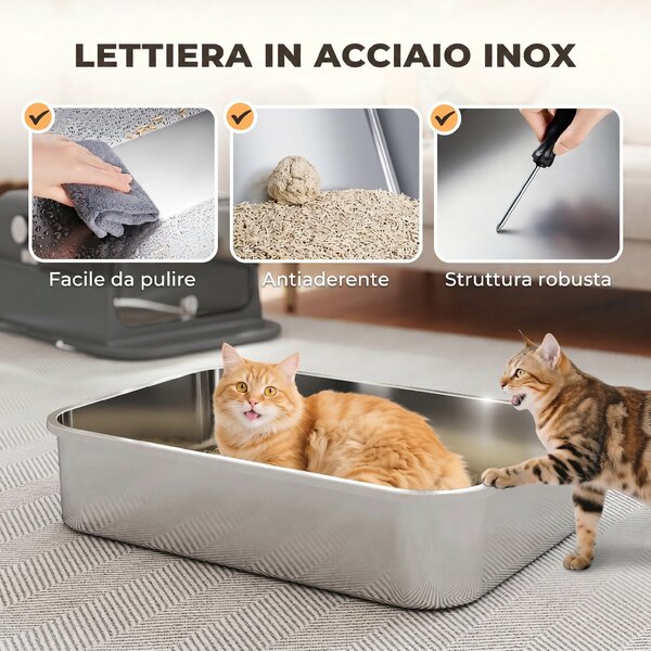 PawHut Lettiera Gatto Chiusa in Acciaio Inox 52L con Coperchio Ribaltabile, Doppia Porta, Paletta, Nero | Aosom Italy