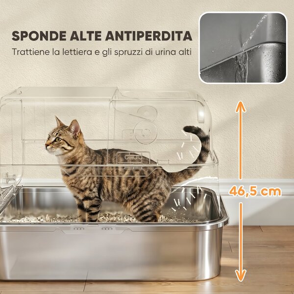 PawHut Lettiera Gatto Chiusa in Acciaio Inox 52L con Coperchio Ribaltabile, Doppia Porta, Paletta, Nero | Aosom Italy