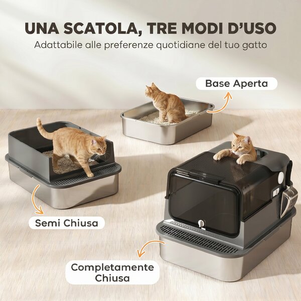 PawHut Lettiera Gatto Chiusa in Acciaio Inox 52L con Coperchio Ribaltabile, Doppia Porta, Paletta, Nero | Aosom Italy