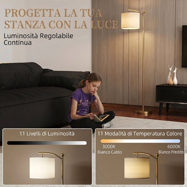 HOMCOM Lampada da Terra a LED con Telecomando, Luce Regolabile su 11 Colori di Temperatura e 11 Luminosità, Oro | Aosom Italy