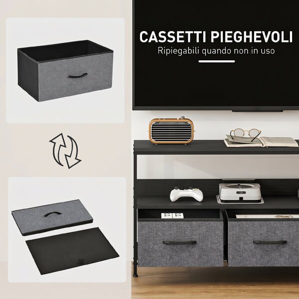 HOMCOM Mobile Porta TV da 55" con Cassetti Pieghevoli in Tessuto e Mensola in Metallo e MDF, 120x29x56cm, Nero | Aosom Italy