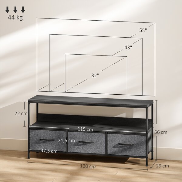 HOMCOM Mobile Porta TV da 55" con Cassetti Pieghevoli in Tessuto e Mensola in Metallo e MDF, 120x29x56cm, Nero | Aosom Italy