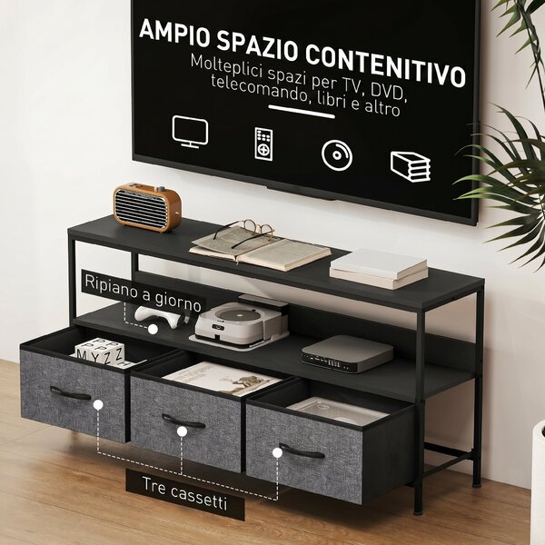 HOMCOM Mobile Porta TV da 55" con Cassetti Pieghevoli in Tessuto e Mensola in Metallo e MDF, 120x29x56cm, Nero | Aosom Italy