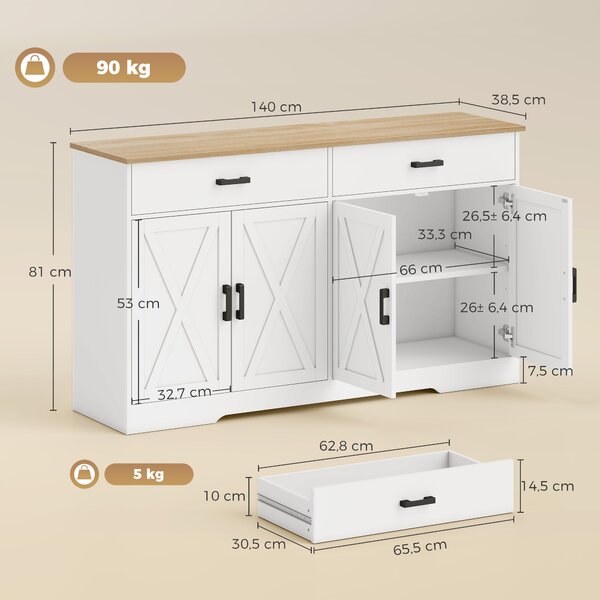HOMCOM Credenza Buffet Stile Country con 2 Cassetti e 2 Ante, 140x38,5x81 cm, Bianco | Aosom Italy