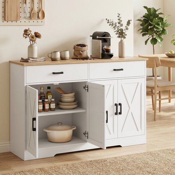 HOMCOM Credenza Buffet Stile Country con 2 Cassetti e 2 Ante, 140x38,5x81 cm, Bianco | Aosom Italy