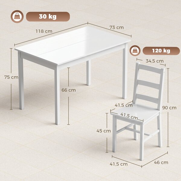HOMCOM Set da Pranzo 5 Pezzi per 4 Persone, Tavolo Rettangolare e Sedie in Legno Massiccio, per Spazi Piccoli, Bianco | Aosom Italy