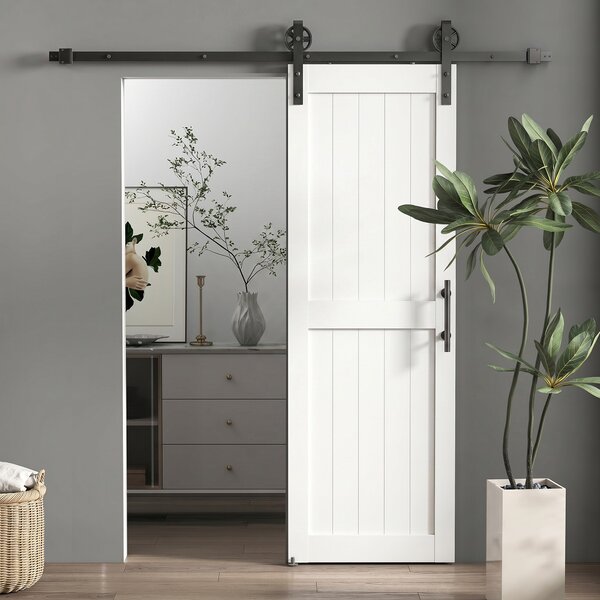 HOMCOM Porta Scorrevole in Stile Country con Binario e Maniglia in Legno e Acciaio, 71.5x213.4 cm, Bianco e Nero | Aosom Italy