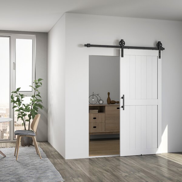 HOMCOM Porta Scorrevole in Stile Country con Binario e Maniglia, in Legno e Acciaio, 183x0.6x4 cm, Bianco e Nero | Aosom Italy