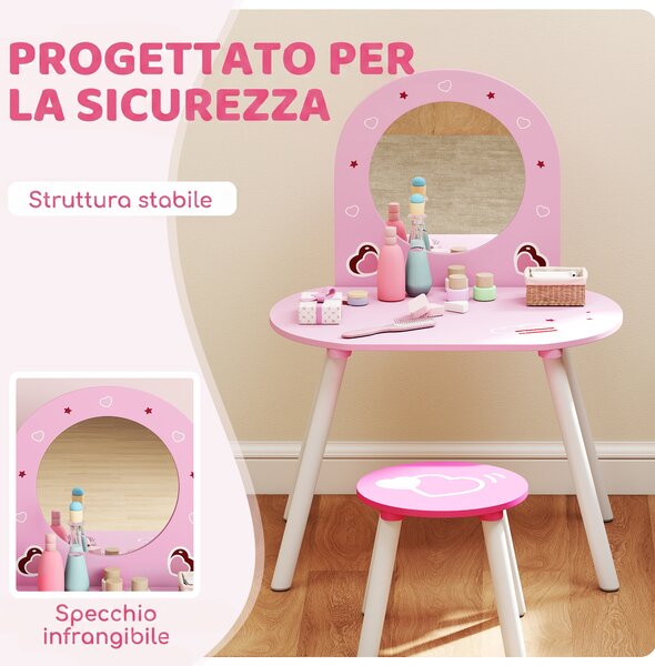 AIYAPLAY Set Toeletta Trucco Bambina 3-6 Anni con Sgabello, Specchio Infrangibile, Design con Cuori, Rosa | Aosom Italy