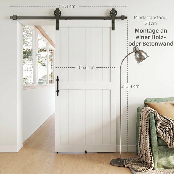 HOMCOM Porta Scorrevole con Binario e Maniglia, in Stile Country e in Legno e Acciaio, 106.6x213.4 cm, Bianco e Nero | Aosom Italy