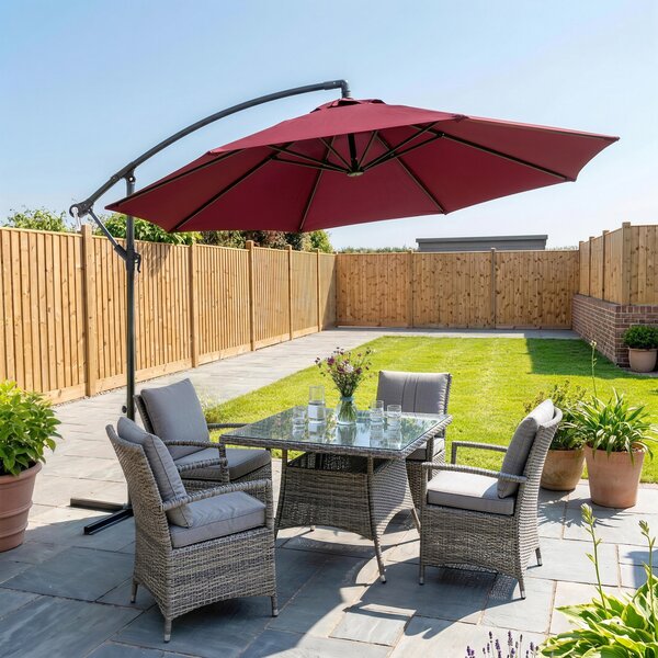 Outsunny Ombrellone da Giardino Decentrato Φ2.95m con Struttura in Metallo, 8 Braccia, Manovella, Base a Croce, Rosso Scuro | Aosom