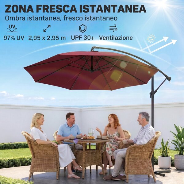 Outsunny Ombrellone da Giardino Decentrato Φ2.95m con Struttura in Metallo, 8 Braccia, Manovella, Base a Croce, Rosso Scuro | Aosom