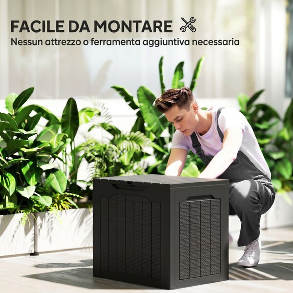 Outsunny Baule da Giardino con Maniglie, Contenitore Porta Attrezzi Impermeabile, 56x41x50 cm, Nero