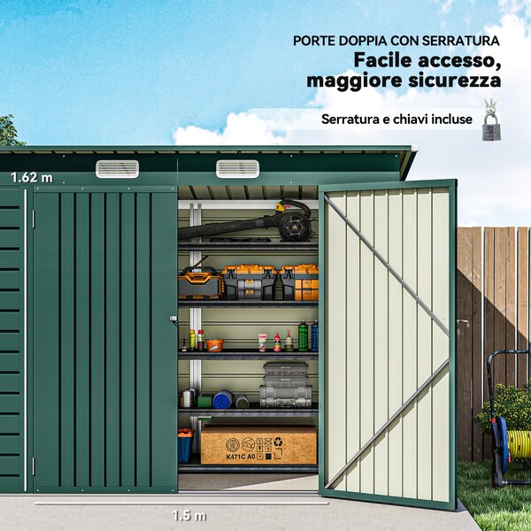 Outsunny Capanno Porta Attrezzi con 2 Prese d'Aria e Chiavistello, Casetta da Giardino in Acciaio, 249x121x183 cm, Verde | Aosom Italy