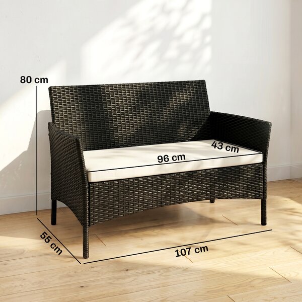 Outsunny Divano da Giardino a 2 Posti con Cuscino e Braccioli in Rattan PE e Acciaio, 100x54x80cm, Nero