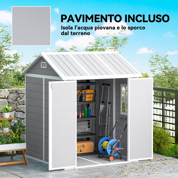 Outsunny Casetta da Giardino con Pavimento, Capanno porta Attrezzi in Resina 2 Porte con Blocco e Finestra, 1.8x1.8m, Grigio | Aosom Italy