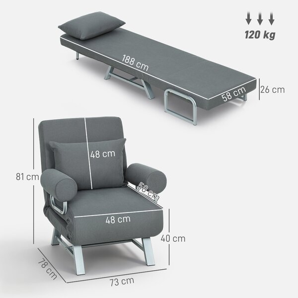 HOMCOM Poltrona Letto 3 in 1 con Schienale Reclinabile su 5 Livelli, in Tessuto Effetto Lino, 73x78x81 cm, Grigio Scuro | Aosom Italy