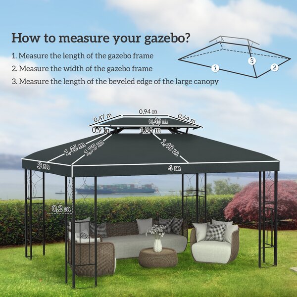 Outsunny Copertura per Gazebo 4x3 m a 2 Livelli in Poliestere con Cinghie e 10 Fori di Drenaggio, Grigio Antracite
