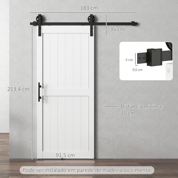 HOMCOM Porta Scorrevole in Stile Country con Binario e Maniglia, in Legno e Acciaio, 183x0.6x4 cm, Bianco e Nero | Aosom Italy