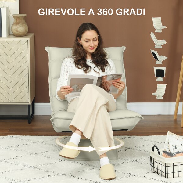 HOMCOM Poltrona in Tessuto Imbottita Girevole a 360° e Reclinabile a 3 Livelli 62x62x95cm, Beige|Aosom