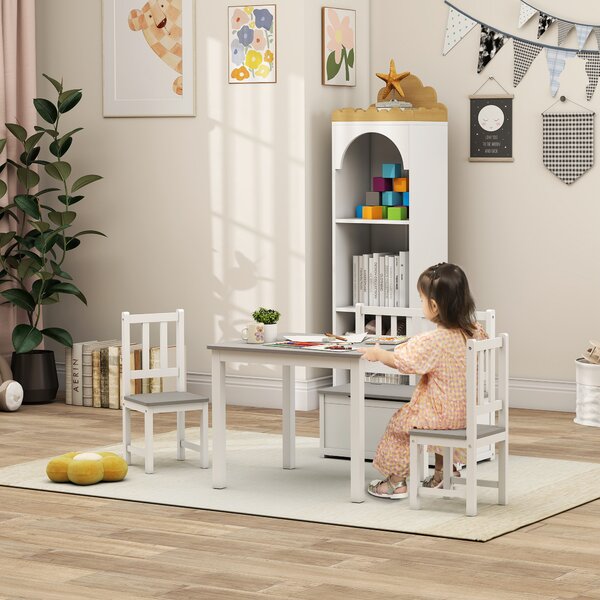 HOMCOM Set con Tavolo per Bambini con contenitore, 2 Sedie e Cassapanca, Legno, Spazio Creativo in Cameretta, Bianco e Grigio|Aosom Italy