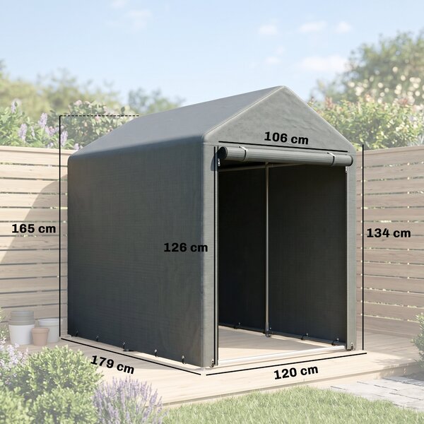 Outsunny Capanno Attrezzi anti UV con Ingresso a Zip, in Acciaio Zincato e Tessuto PE,120x179x165 cm, Grigio Scuro