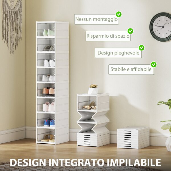 HOMCOM Scarpiera con 8 Contenitori per Scarpe Impilabili e Pieghevoli con Pannello Trasparente, Bianco