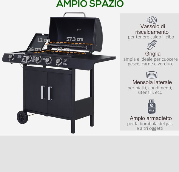 Outsunny Barbecue da giardino a Gas a 5 Fornelli con Ripiani Laterali e Armadietto, in Acciaio e PP, 125x51x100 cm, Nero | Aosom Italy