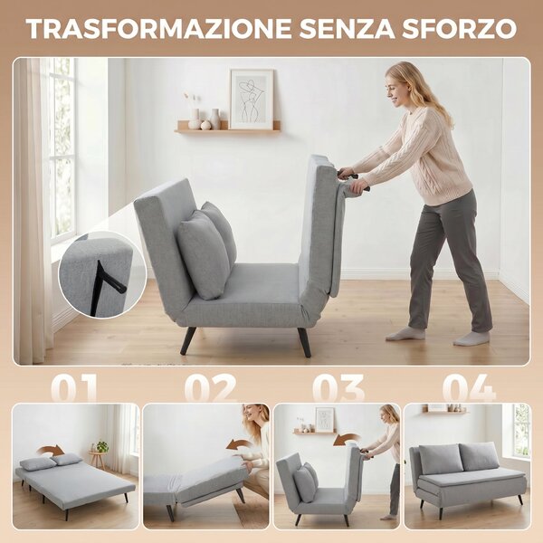 HOMCOM Divano Letto 2 Posti 3 in 1 in Tessuto Effetto Lino con 2 Cuscini, Struttura in Eucalipto, Grigio Chiaro | Aosom Italy