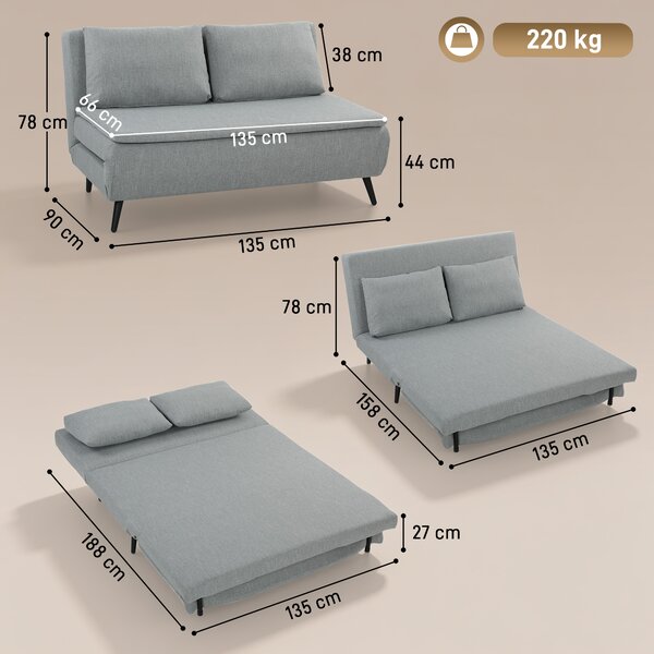 HOMCOM Divano Letto 2 Posti 3 in 1 in Tessuto Effetto Lino con 2 Cuscini, Struttura in Eucalipto, Grigio Chiaro | Aosom Italy