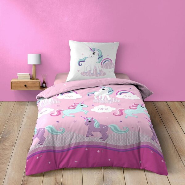 Set copripiumino e federa da bambini rosa in cotone per letto singolo 140x200 cm Licorne – douceur d'intérieur