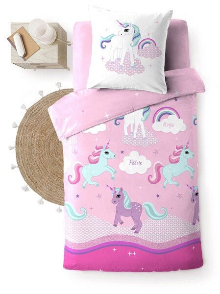 Set copripiumino e federa da bambini rosa in cotone per letto singolo 140x200 cm Licorne – douceur d'intérieur