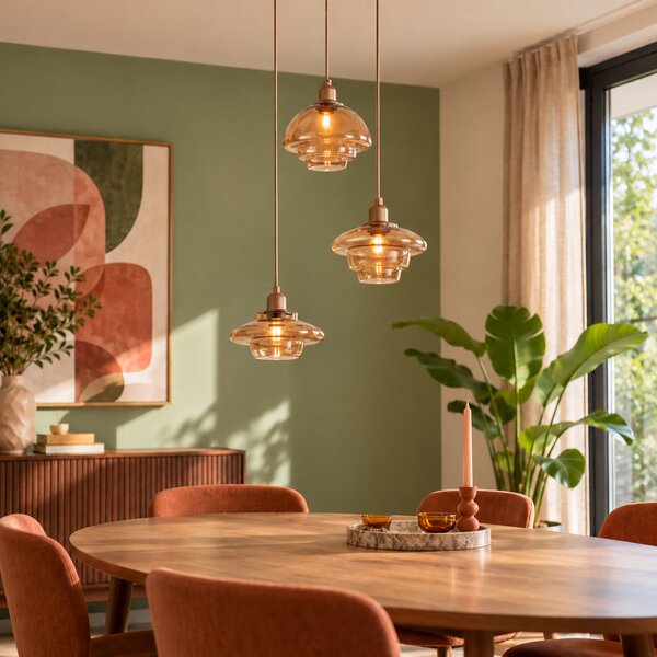 Lampada a sospensione retrò bronzo scuro con paralumi ambra 3 luci - Smokey
