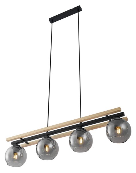 Lampada a sospensione moderna nera con legno e vetro fumé 4 luci - Aleks