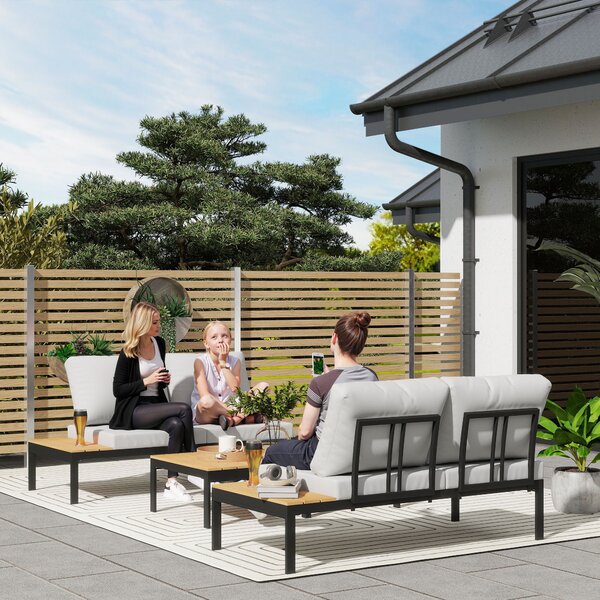 Outsunny Set da Giardino 4 Pezzi con 2 Divanetti 2 Posti e 2 Tavolini in Metallo e Legno Composito, Grigio Nero e Teak